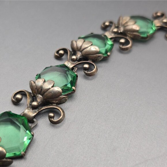 Art Nouveau Sterling Silver Demi-Parure Green Glass Floral Bracelet Earrings - Picture 7 of 16